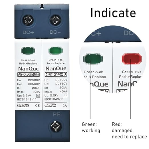 DC SPD Surge Protector for 100V-1000V PV Systems, 2-Pole 40kA T2 Level, Replaceable Module, Solar Panel Lightning Protection, Overvoltage Protection (1000V)