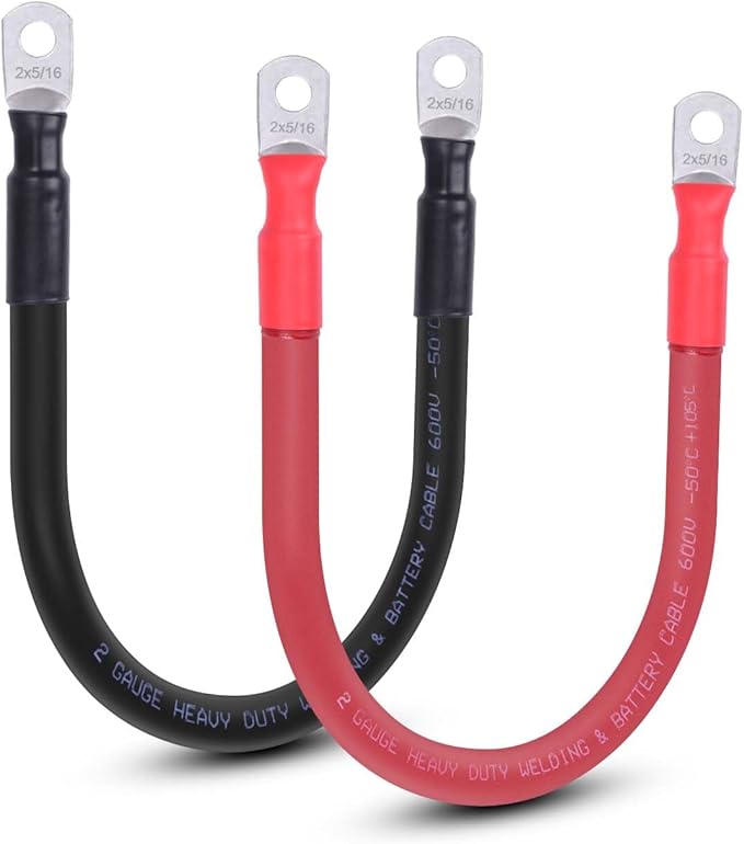 2 AWG Flexible Battery Cable with 5/16" Terminals - OFC Pure Copper Inverter & Welding Wire for Automotive Solar RV Motorcycle (Red + Black 1FT Pair)
