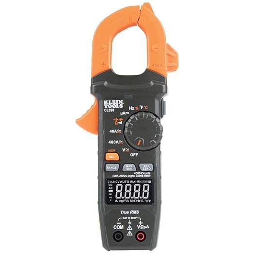 Klein Tools CL390 AC/DC Digital Clamp Meter, Auto-Ranging, 400 Amp, NCVT Tester, Hi-Viz LCD Display, TRMS, Continuity Resistance, Temperature and More
