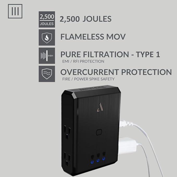Austere III Series, Wall Power 4 Outlet Surge Protector, 2500 Joules, EMI/RFI Filtering, Flameless MOV, Overcurrent Protection, SmartFit Outlets, 4 Year Component Guarantee