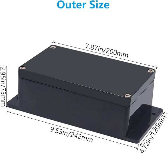 Project Box ABS Black Electrical Boxes IP67 Outdoor Waterproof Junction Box Electronic with Mounting Ears Includes Cable Glands for DIY Project 7.9 x 4.7 x 3 inch (200x120x75mm)