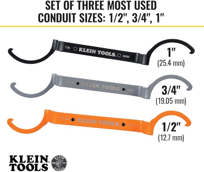 KLEIN TOOLS 50900R Conduit Locknut Wrench Set, Tighten and Loosen Locknuts in Tight Spaces, 1/2, 3/4 and 1-Inch, Offset Bends, 3-Piece
