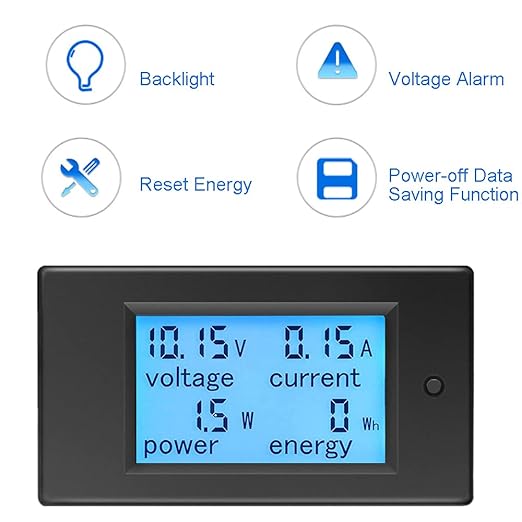 KETOTEK Amp Volt Watt Kwh Meter Tester Panel Digital 4 in 1 Ammeter Voltmeter Multimeter 12V DC 6.5-100V 20A, Voltage Current Power Energy Usage Monitor LCD Display Car Motorbike Solar