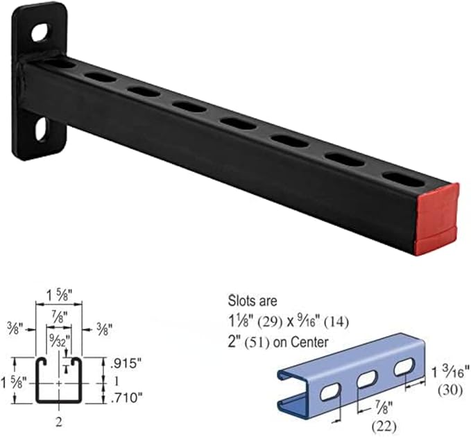 2 Pack Steel Shelf Bracket,Black Powder-Coating,Display Bracket,DIY Projects,Metal Strut Channel, Slotted,Pipe Suppor,16 in Length