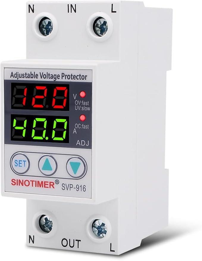 Adjustable Voltage Protector SINOTIMER Surge Protective Relay with 2 LED Displays Overvoltage and Undervoltage Current Limit Devices, 40A Load(Economical), Used in AC120V Residential