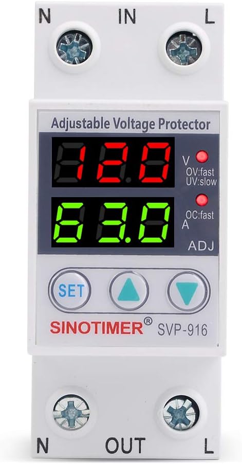 110VAC 120VAC 63A Over/Under Voltage Protection Device Voltage Current Protector, 2 Red LED Displays, Single Phase Low Voltage Monitor, Din Rail Installation in DB Home Usage