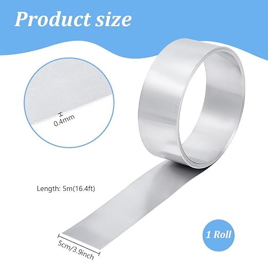 PH PandaHall 196" x 2" Aluminum Flashing, 0.4mm Sheet Flashing Metal Foil Roll Sheet Strip Aluminum Roof Panels Foil Strips Flat Wire for DIY Craft Sealing Door Window Repair Garden