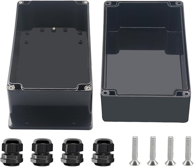 Project Box ABS Black Electrical Boxes IP67 Outdoor Waterproof Junction Box Electronic with Mounting Ears Includes Cable Glands for DIY Project 7.9 x 4.7 x 4.5 inch (200x120x113mm)