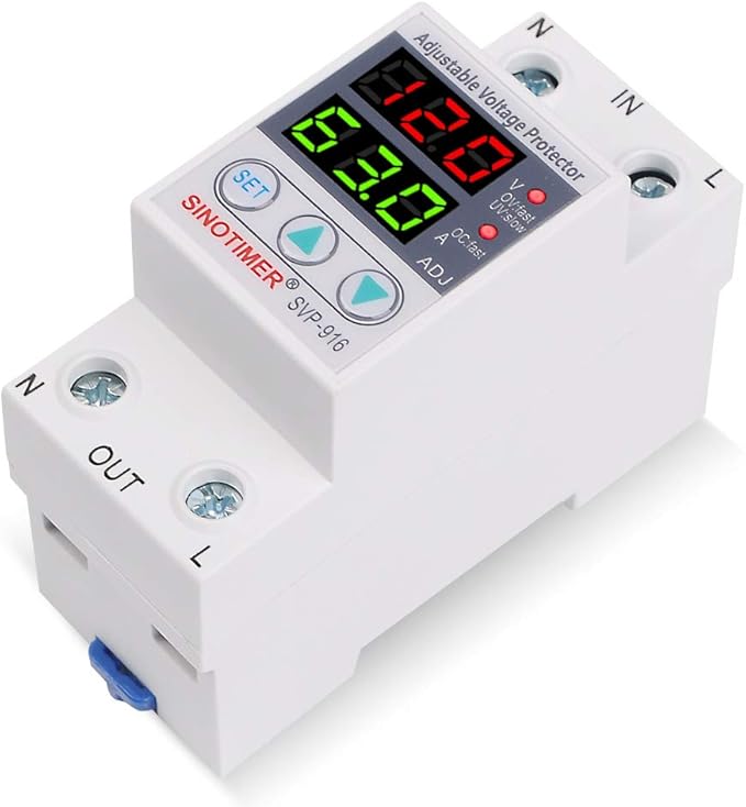 110VAC 120VAC 63A Over/Under Voltage Protection Device Voltage Current Protector, 2 Red LED Displays, Single Phase Low Voltage Monitor, Din Rail Installation in DB Home Usage