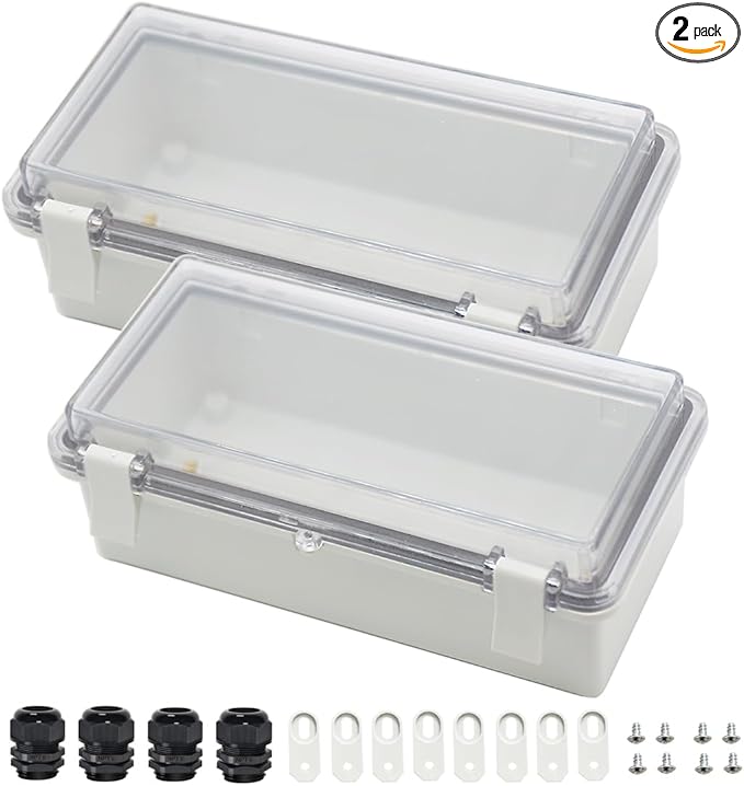 Zulkit 2pcs Junction Box ABS Plastic Dustproof Waterproof IP65 Electrical Boxes Hinged Shell Outdoor Universal Project Enclosure Clear Cover with 2 Cable Glands 7.9 x 3.9 x 2.8 inch (200x100x70mm)