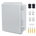 IP67 Waterproof Junction Box, ABS Plastic Electrical Enclosure with Stainless Steel Latch, Hinged Cover Electric Box with Mounting Plate, Wall Brackets & Cable Glands 220x170x110mm