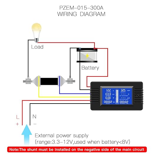 DC 0-200V 0-300A Battery Monitor Meter with Shunt, 9-in-1 Digital LCD Multimeter for 12V/24V/48V Solar System, RV, Car. Measures Voltage, Current, Power, Energy, Impedance & Capacity