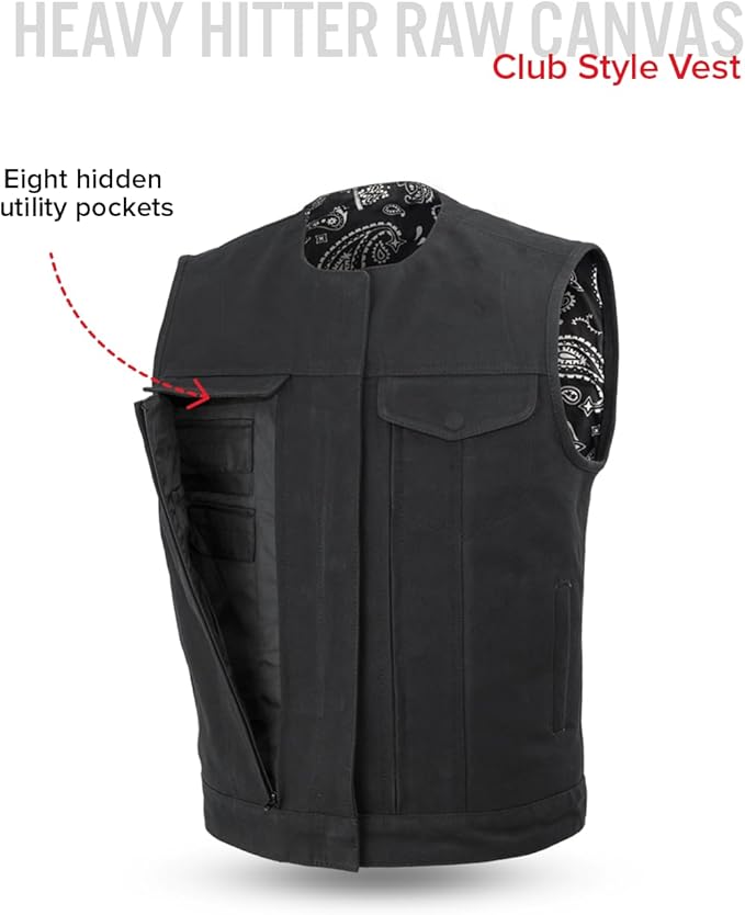 First Mfg Co - Men's Motorcycle Biker Riding Black Canvas Vest