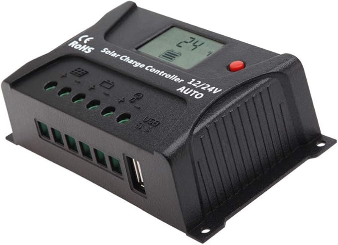 HQST 20Amp 12V/24V PWM Solar Charge Controller Regulator with LCD Display, USB-A Port, Compatible with Sealed, Flooded Lead-Acid Batteries