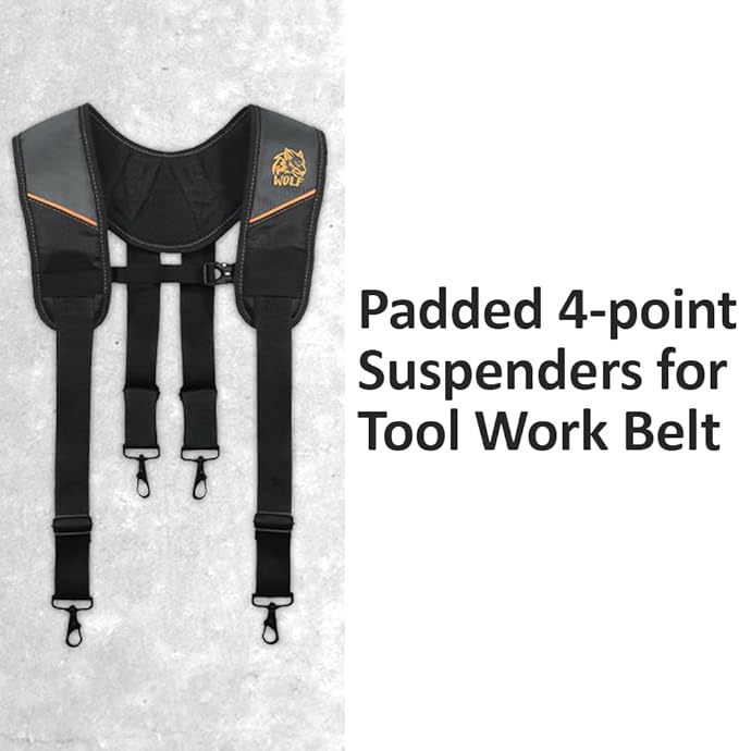 WOLF WTH2115 Padded 4-point Suspenders for Tool Work Belt | Universal Breathable Comfort Lightweight | Contractors Handyman | Pain Stress Relief Weight Distribution