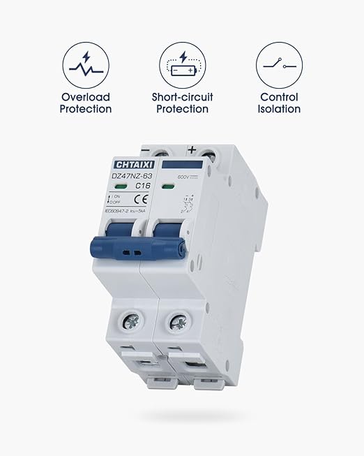 DC Miniature Circuit Breaker, 2 Pole 600V 10 Amp Isolator for Solar PV System, Thermal Magnetic Trip, DIN Rail Mount DC Disconnect Switch C10