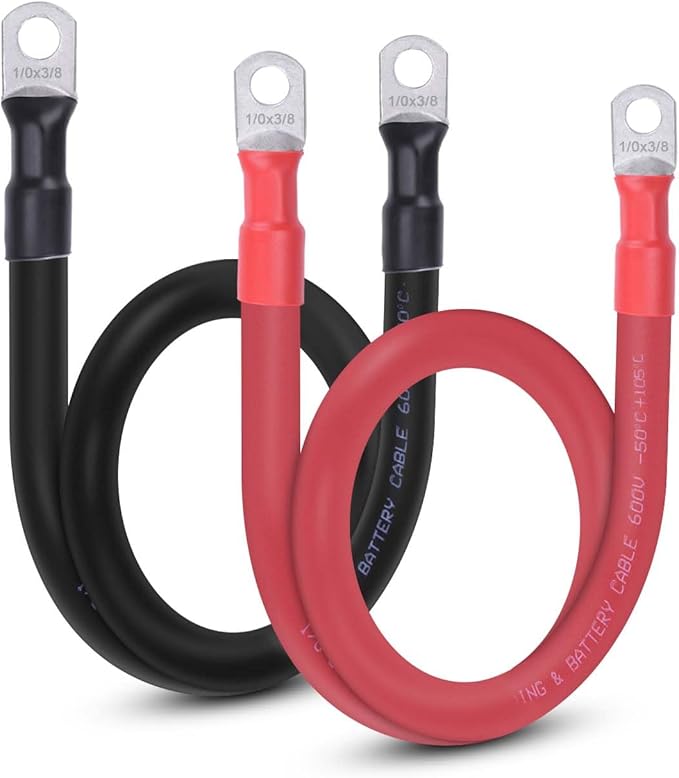 1/0 AWG Flexible Battery Cable with 3/8" Terminals - OFC Pure Copper Inverter & Welding Wire for Automotive Solar RV Motorcycle (Red + Black 2FT Pair)