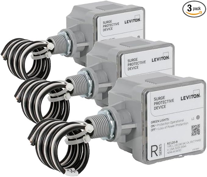 Leviton Type 1 Surge Protective Panel, Residential Home Surge Protection, 120/240 VAC, Split Phase, 36kA per Phase, R2120-B SPD (Pack of 3)