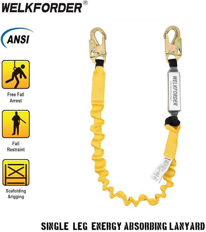 6-Foot Shock Absorber Stretchable Safety Lanyard with Double Snap Hook Connectors ANSI Z359.13-2013 Compliant Fall Protection Equipment