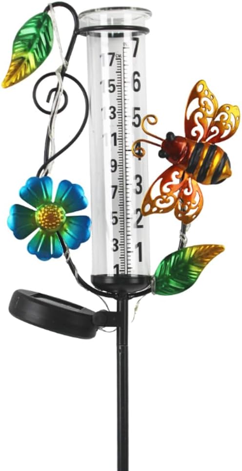 Rain Gauge Outdoor,Decorative Bee Rain Solar Powered Rain Gauges with 7” Glass Tube Water Rain Measure Gauge for Yard Patio Lawn Decor