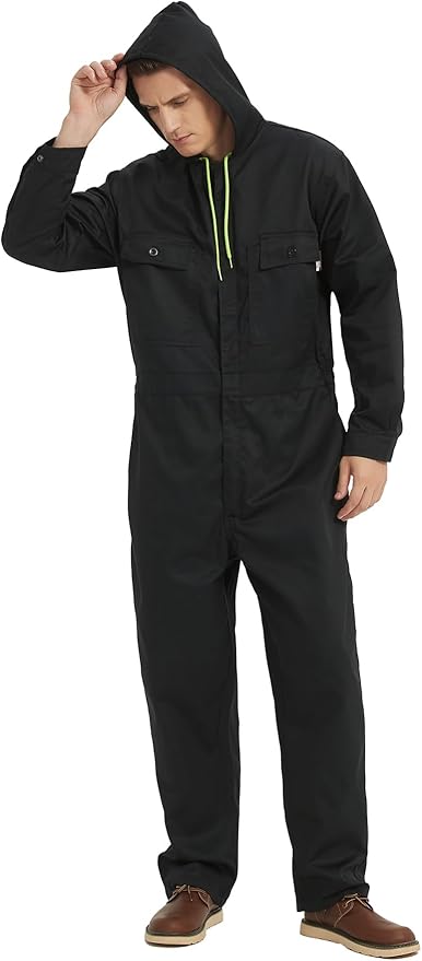 Mens Cotton Blend Long Sleeve Coverall Multi Pockets Zip Overall Mechanic Work Jumpsuit with Hood