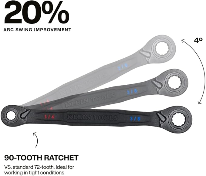 KLEIN TOOLS 68214 4-in-1 Reversible Ratchet Wrench, Box Wrench, SAE Hex Sizes 1/4, 5/16, 3/8, and 7/16-Inch, 90-Tooth Ratchet, Pass-Through Design