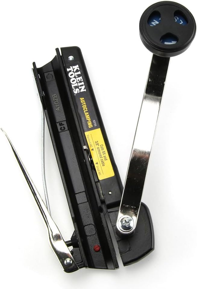 Klein Tools 53725 Armored and BX Cable Cutter, Cuts Up to 3/8 Inch Armored Cable-BX-AC-MC-MCAP-Greenfield, With Storage and Extra Blades
