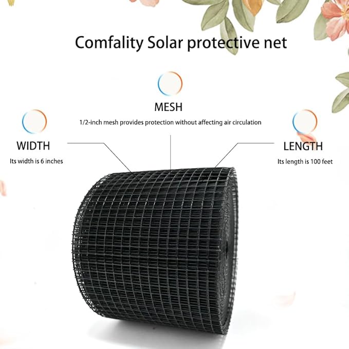 6-inch * 100 Foot Solar Panel Protective net, Black PVC Coated Rolled net, with 70 Sets of Fasteners, Anti cat/Squirrel/Bird Intrusion Solar Panel Internal Welding Protective net
