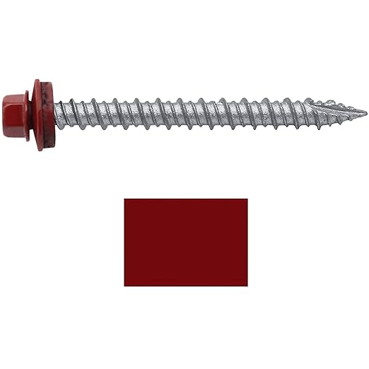 Jake Sales Metal Roofing Screws: (250) 10 x 2" Dark Red Hex Head. Self-starting, EPDM Washer, Galvanized, Painted Head