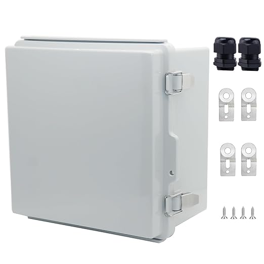 IP67 Waterproof Junction Box, ABS Plastic Electrical Enclosure with Stainless Steel Latch, Hinged Cover Electric Box with Mounting Plate, Wall Brackets & Cable Glands 210x210x130