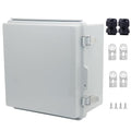 IP67 Waterproof Junction Box, ABS Plastic Electrical Enclosure with Stainless Steel Latch, Hinged Cover Electric Box with Mounting Plate, Wall Brackets & Cable Glands 210x210x130