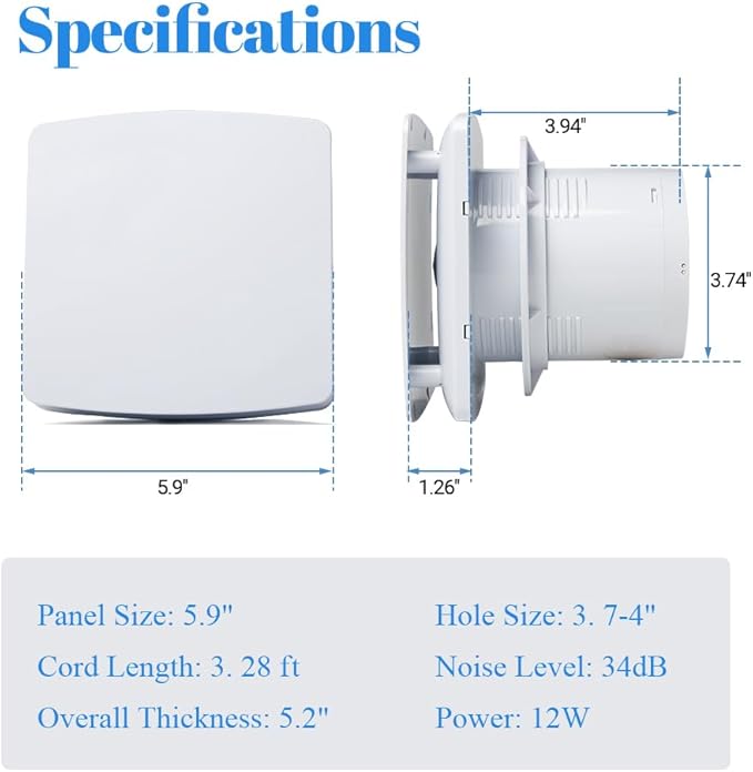 WiseWater Bathroom Exhaust Fan, 110V ac 56CFM 34 dB 4” Duct 6" Panel Extractor Fan, Ceiling&Wall Mounted Ventilation Fan for Bathroom, Laundry Room, Bedroom, Office