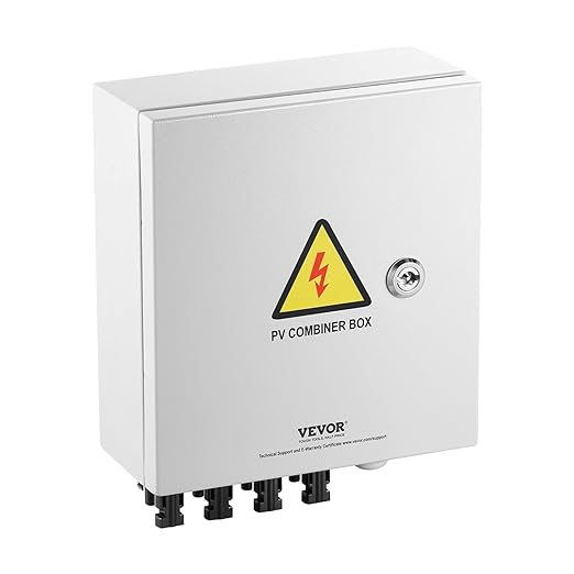 VEVOR PV Combiner Box, 4 String Metal Solar Combiner Box with 15A Rated Current Fuse 63A Circuit Breaker Lightning Arrester, Steel Case for On/Off Grid Solar Panel System, IP65