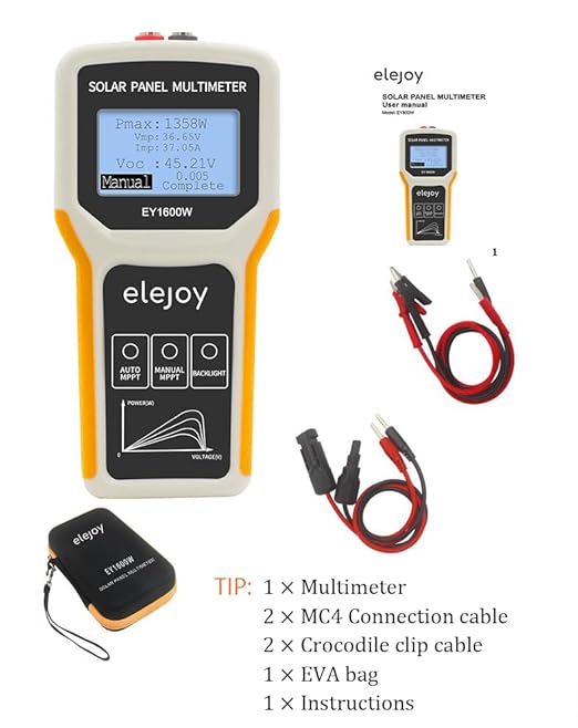 Elejoy 1600W Solar Panel Tester MPPT Photovoltaic Panel Multimeter Upgraded EY-1600W with Ultra Clear LCD Display, Smart MPPT Tools for Testing Solar PV Panel Data and Troubleshooting (EY-1600W)
