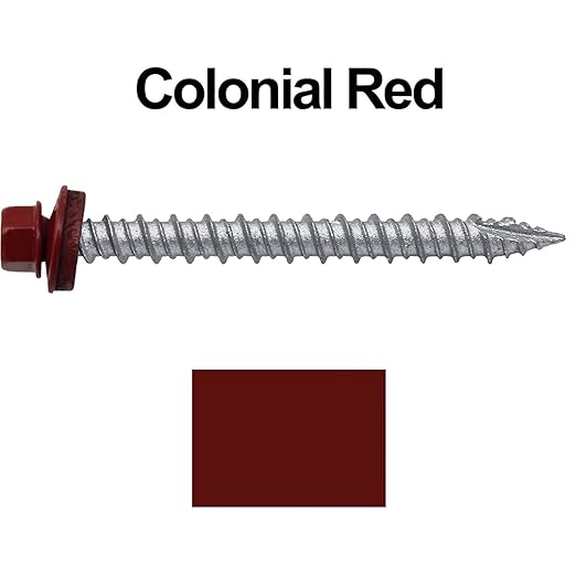 Metal ROOFING SCREWS: (250) 10 x 2" Colonial Red Hex Head Sheet Metal Roof Screw. Self starting metal to wood siding screws. EPDM washer. Colored head