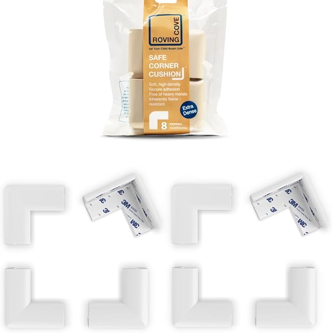 Roving Cove Slimfit Corner Protector for Baby Proofing (8 Small Corners), Soft Rubber Foam Furniture Corner Bumper Guards, 3M Adhesive Pre-Taped, Oyster White (Off White)