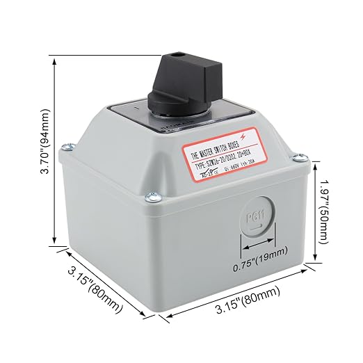 Baomain Universal Rotary Changeover Switch SZW26-20/D202.2D-W with Wider Master Switch Exterior Box 660V 20A 3 Position 2 Phase (3.15"x3.15"x3.7")