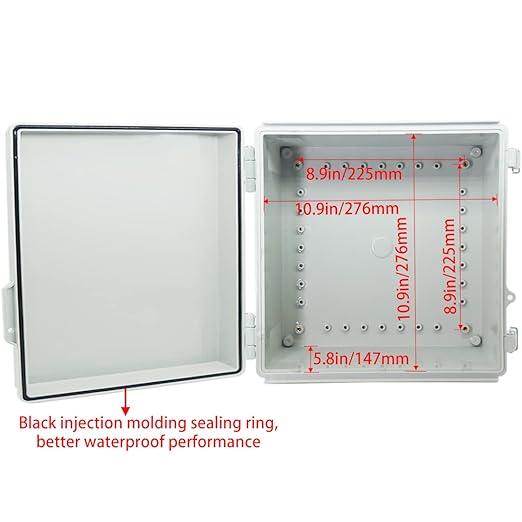 Junction Box, Hinged Cover Stainless Steel Latch IP67 Waterproof ABS Project Box with 2 Cable Glands, Electrical Box Enclosure with Mounting Plate & Wall Bracket 11.8 x 11.8 x 7.1inch