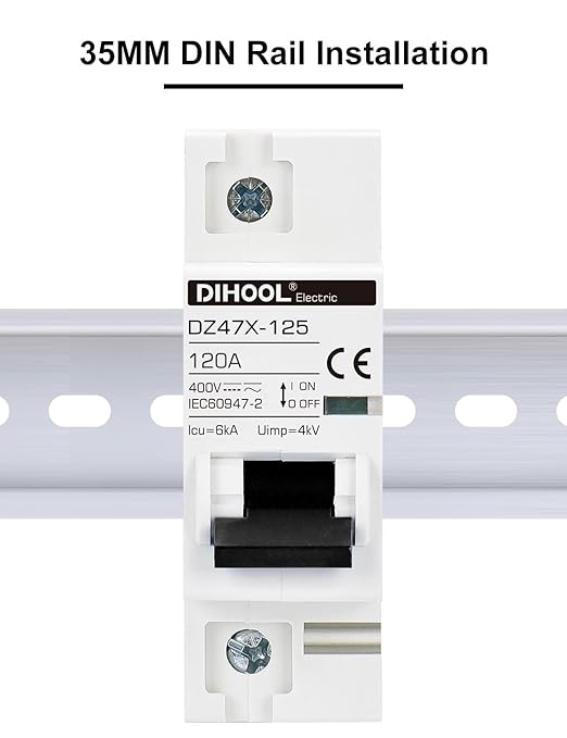 DIHOOL AC/DC Miniature Circuit Breaker, Single Pole 120 Amp, 12V 24V 48V 400V, Non Polarized, Solar Disconnect Switch, DIN Rail Mount, RV Battery Isolator, PV Array MCB, Thermal Magnetic Trip