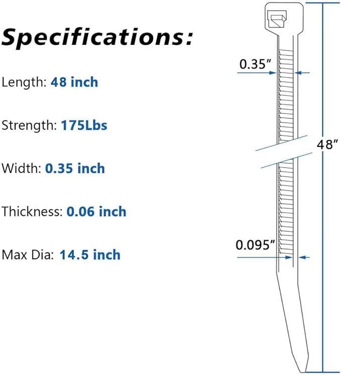 Zip Ties Heavy Duty 48 Inch -40 Pack Extra Long & Large UV Resistant 175lbs Strength Industrial Tie Wraps for Outdoor Use, HVAC, Garage, Automotive, Gardening and Electrical Projects