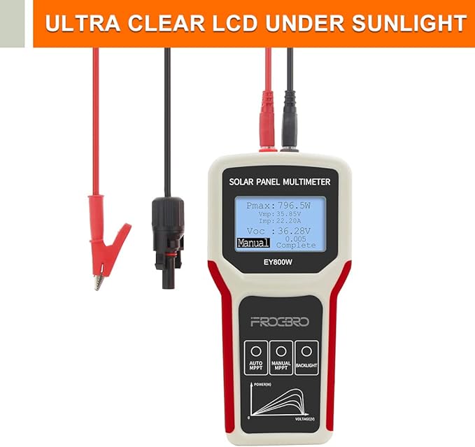 FrogBro Solar Panel Tester Photovoltaic Multimeter Upgrade EY800W with Ultra Clear LCD, Smart MPPT Open Circuit Voltage Troubleshooting Utility Tool for Solar PV Testing (LCD 800W)