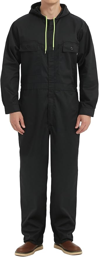 Mens Cotton Blend Long Sleeve Coverall Multi Pockets Zip Overall Mechanic Work Jumpsuit with Hood