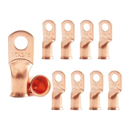 1/0 AWG 5/16" Stud (10 pcs.), Heavy Duty Battery Ring Terminal 1/0 Gauge Wire Connectors 1/0 AWG Battery Cable lugs 5/16 Bare Copper Wire Lugs