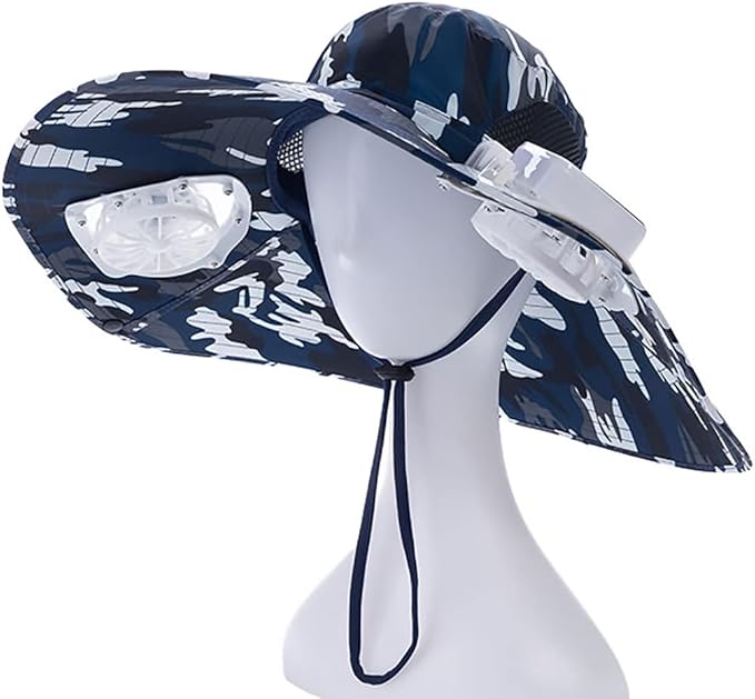 Mens Sun Hat with 2 Fan, Summer Cooling Wide Brim Bucket Hat, Beach Hat Garden Hat, Solar + USB Dual Power Supply