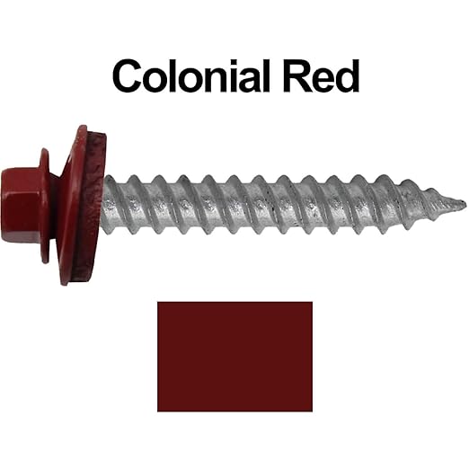Metal Roofing Screw: (250) 12 x 1-1/2" Colonial RED Hex Sheet Metal Roof Screw. Sharp Point Metal to Wood siding Screws. 5/8" EPDM Washer.