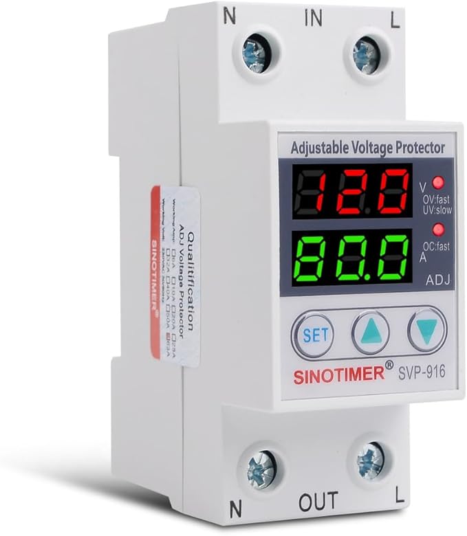 SVP916 SINOTIMER Dual LED Display 120VAC 80A Adjustable Voltage Surge Protector Relay with Limit Current Protection, Din Rail Installation in DB Home Usage (Green Display)