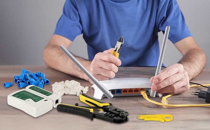 RJ45 Crimp Tool for Cat5 Cat5e Cat6, RJ-11, 6P/RJ-12, 8P/RJ-45 Crimp, Cut and Strip RJ45 Crimping Tool, Portable Ethernet Crimper Networking Tools(Non-Pass Through Type)