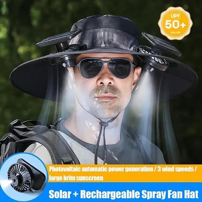 Solar Fan Hat with Mist, Mens Wide Brim Solar Power Fans Hat with Built in Fan, USB Solar Charging for Outdoor Fishing