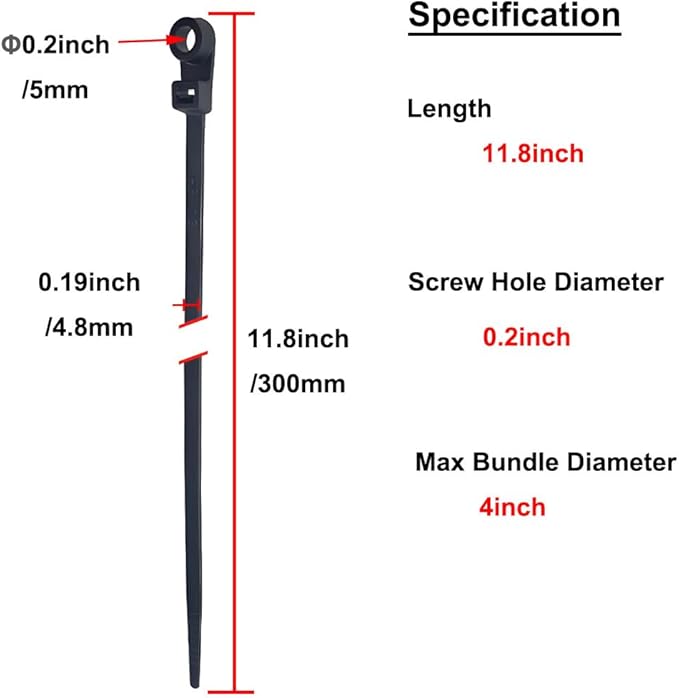 HS Heavy Duty Cable Ties with Screw Holes (100 Pack) 11.8 Inch Mounting Head Electrical Zip Ties 50 LBS,UV Black