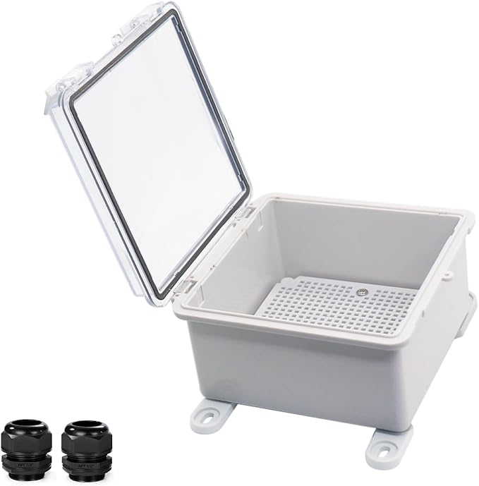 Waterproof Outdoor Electrical Box Junction Box Weatherproof IP67 ABS Plastic Enclosure Switch Router Project Box with Mounting Plate with Wall Bracket 2 Cable Glands Clear 5.9"x5.9"x3.5"